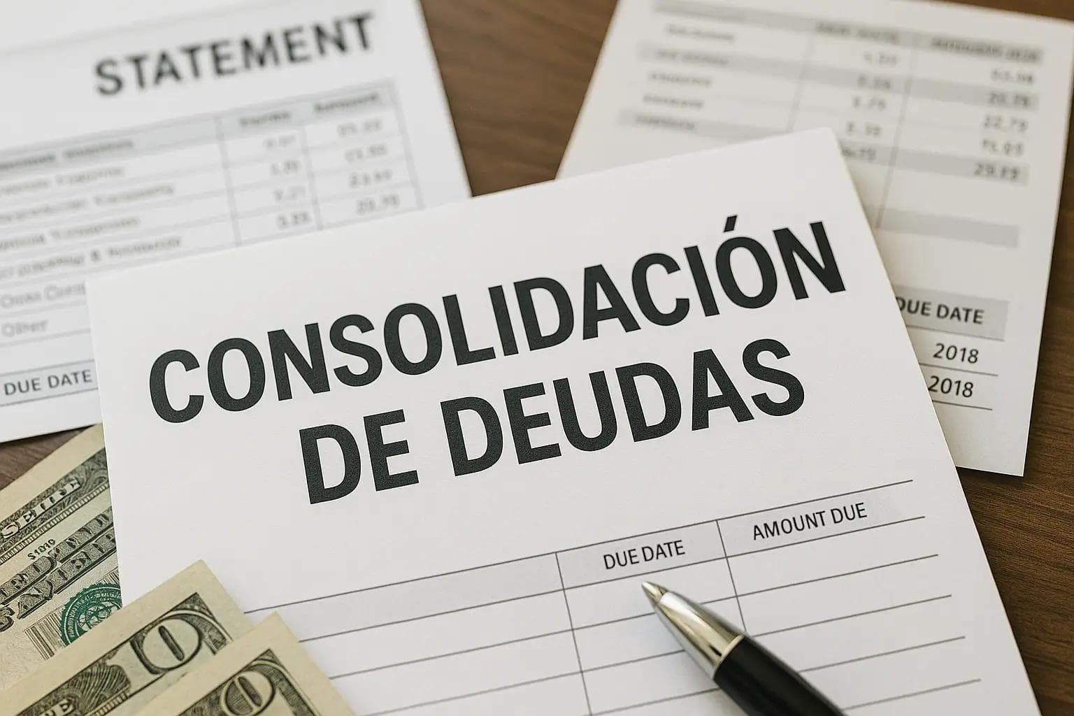 Documento financiero con el título 'Consolidación de Deudas', billetes de dólar y una pluma sobre la mesa. Imagen generada con inteligencia artificial.