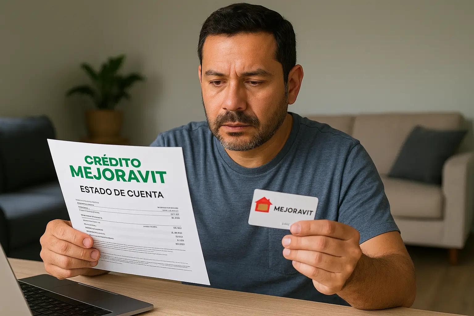 Hombre mexicano revisando su estado de cuenta de Crédito Mejoravit mientras sostiene una tarjeta Mejoravit en la mano.
