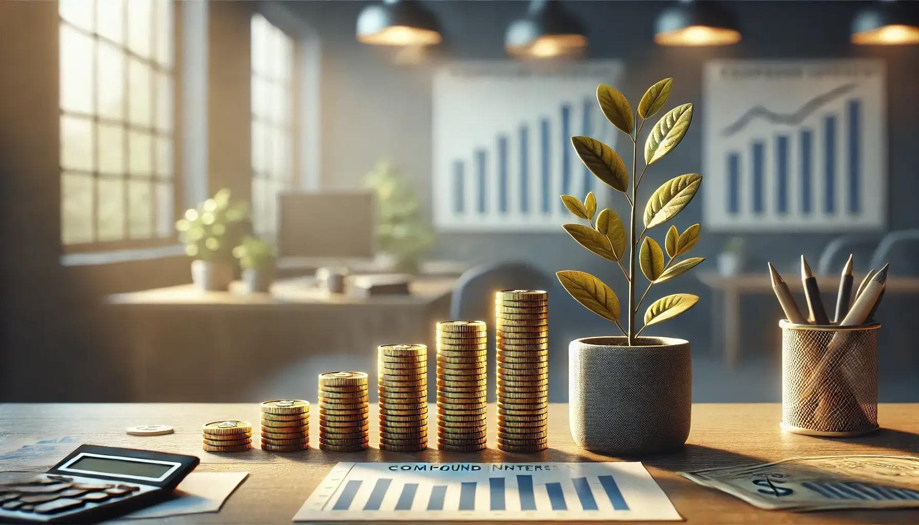 Miniatura hiperrealista y conservadora creada con inteligencia artificial. La imagen muestra pilas ordenadas de monedas doradas sobre un escritorio de madera mate, iluminadas con luz natural suave. A la derecha, una planta en maceta con hojas verdes simples simboliza crecimiento financiero constante. El fondo tiene un entorno de oficina sutilmente desenfocado, con gráficos financieros y documentos. La paleta de colores incluye tonos azul marino, gris suave y beige cálido, transmitiendo profesionalismo y estabilidad. Ideal para contenido financiero serio.