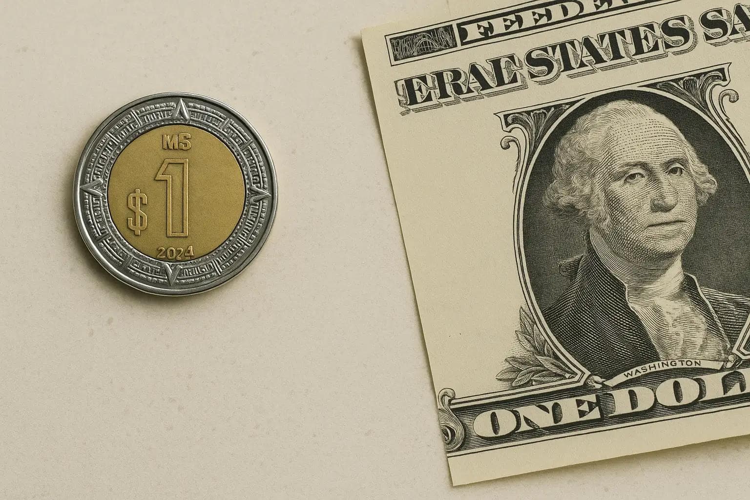 Fotografía profesional de una moneda mexicana de un peso y un billete de un dólar estadounidense sobre fondo neutro.