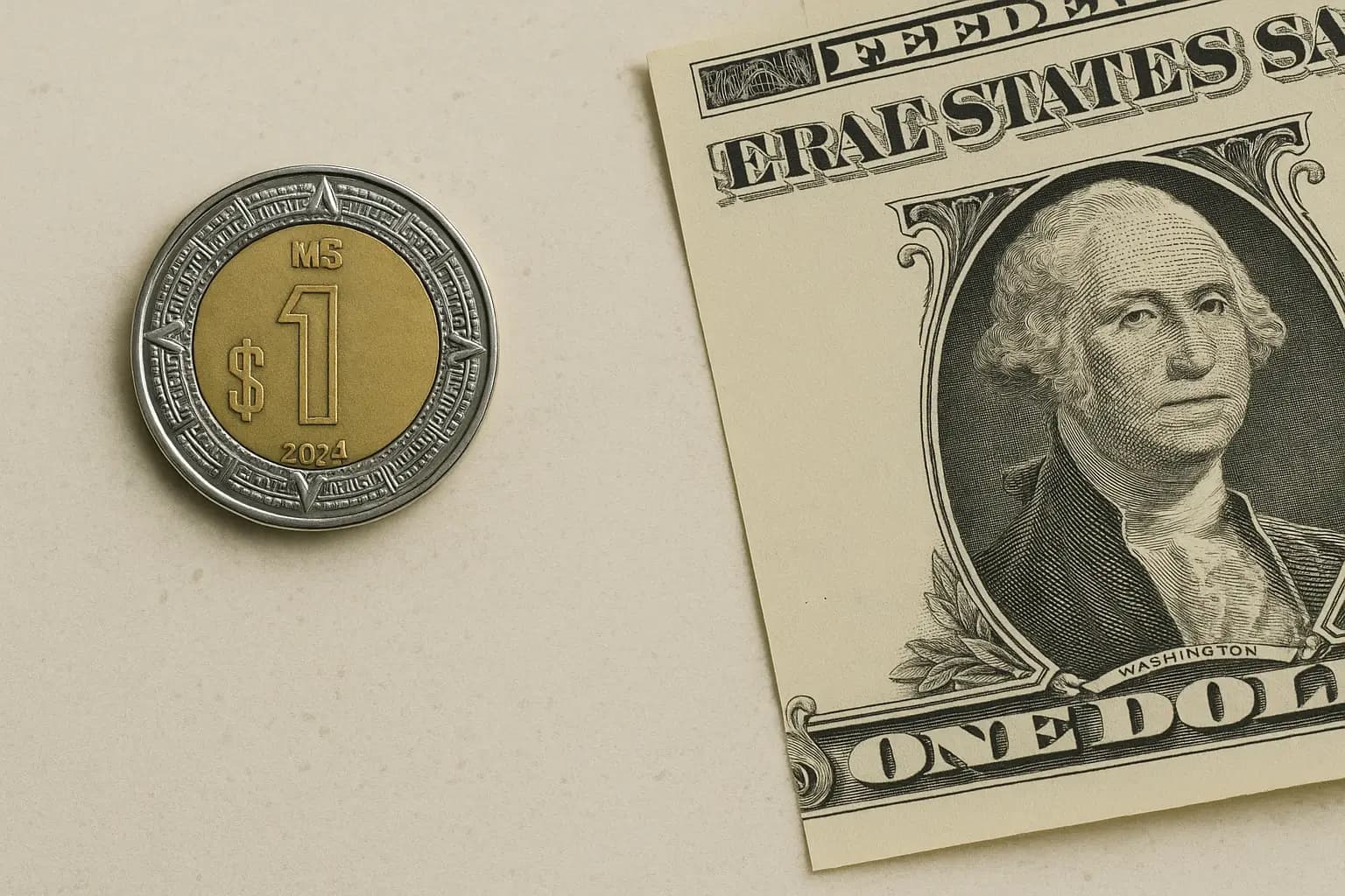 Fotografía profesional de una moneda mexicana de un peso y un billete de un dólar estadounidense sobre fondo neutro.