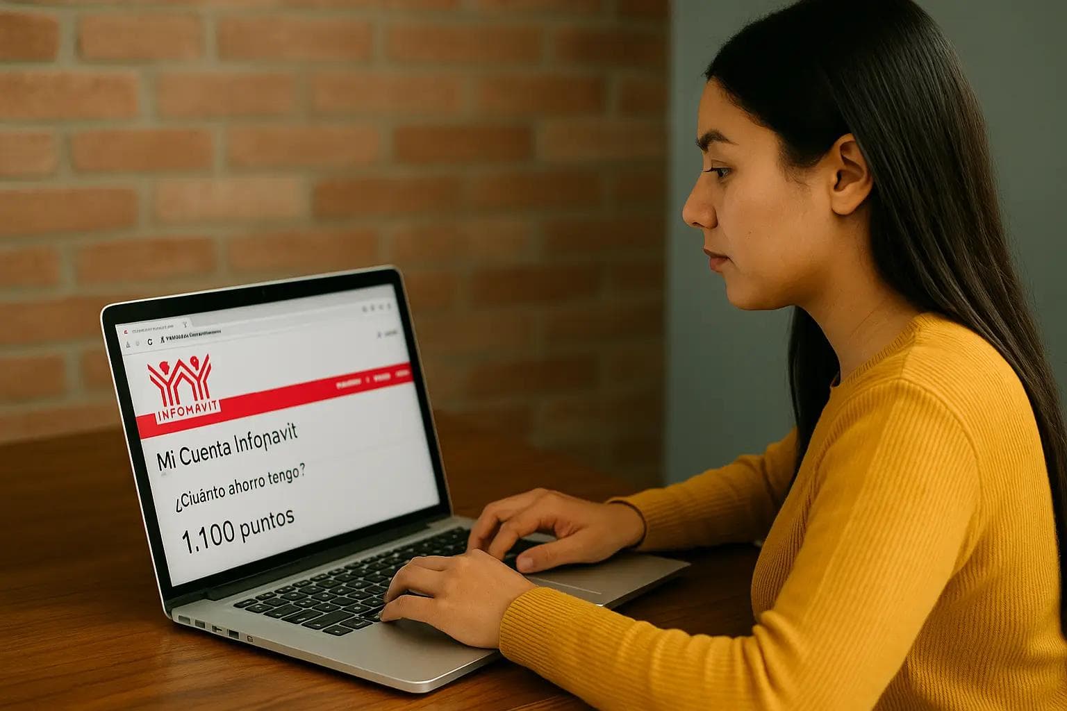 Mujer mexicana revisando sus puntos Infonavit en laptop desde casa — imagen generada con inteligencia artificial, derechos reservados © 2025.