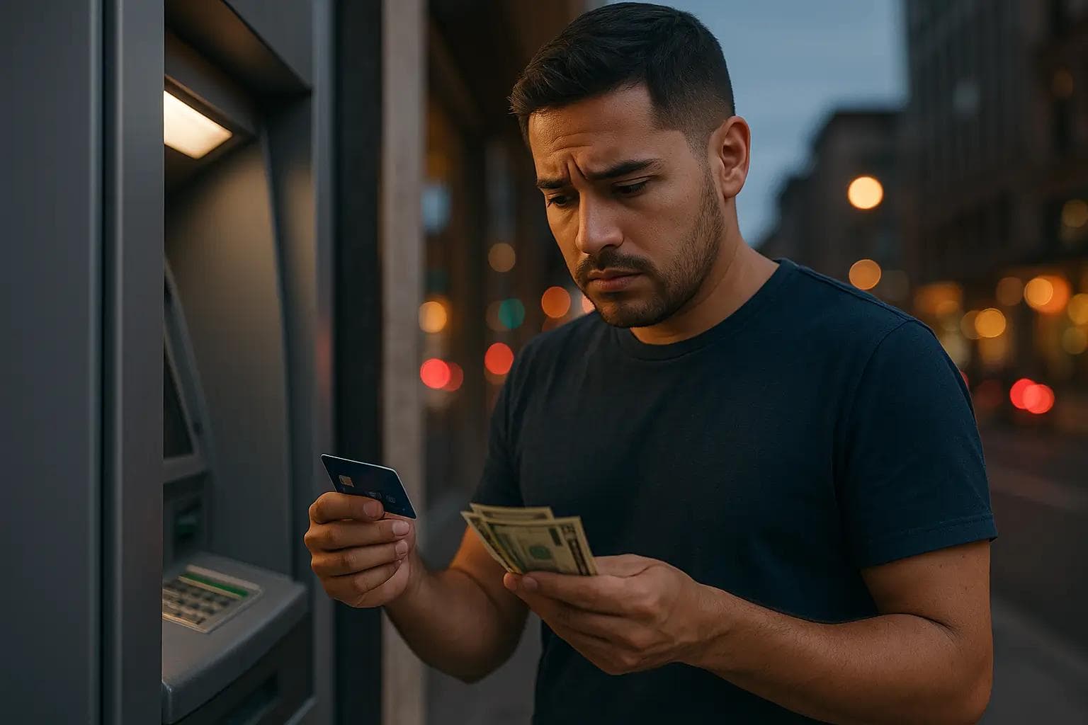 Joven frente a un cajero automático, sosteniendo una tarjeta de crédito y varios billetes, con expresión de preocupación.