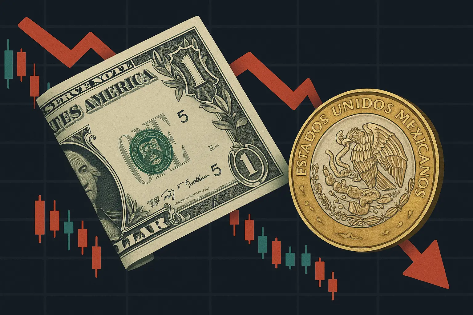 Billete de un dólar estadounidense y moneda de 20 pesos mexicanos frente a un gráfico financiero con tendencia a la baja, representando la relación del tipo de cambio USD/MXN.