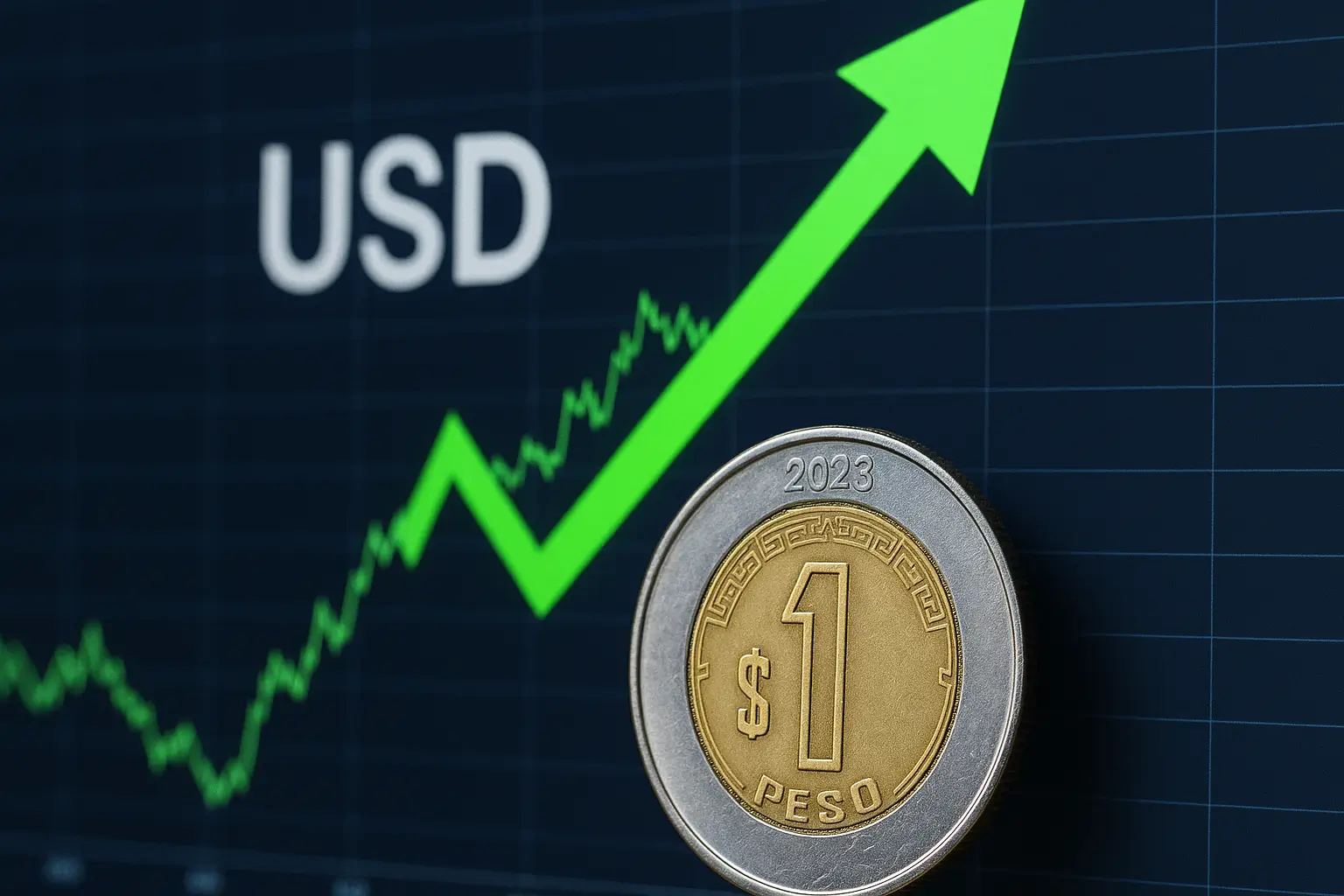 Gráfico financiero con flecha verde ascendente y una moneda de 1 peso mexicano, representando el fortalecimiento del peso frente al dólar estadounidense en las 24H de Spa.